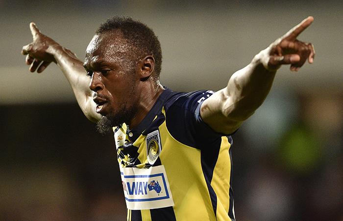 Usain Bolt celebró su 'doblete' con el Central Coast Mariners. Foto: AFP