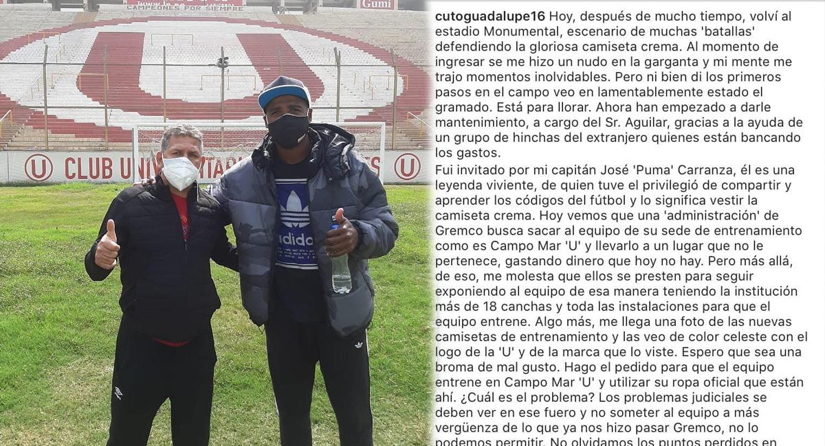 'Cuto' Guadalupe y su mensaje tras ver estado del Monumental. Foto: Instagram - @cutoguadalupe16