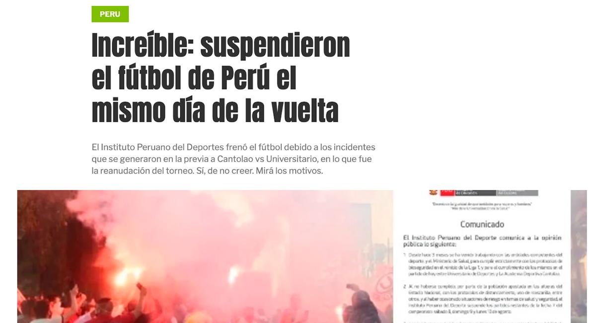 Medios internacionales informaron sobre la suspensión de la Liga 1. Foto: Diario Olé- Captura