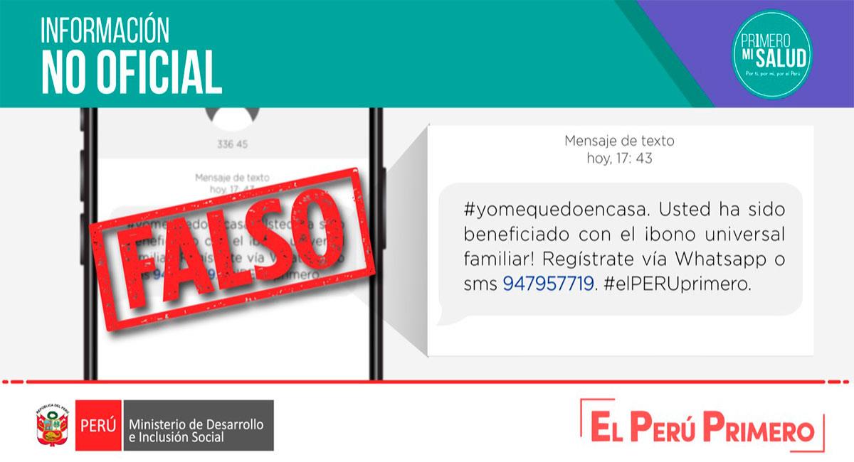 Mensaje con información falsa llega a celulares de peruanos. Foto: Twitter @MidisPeru