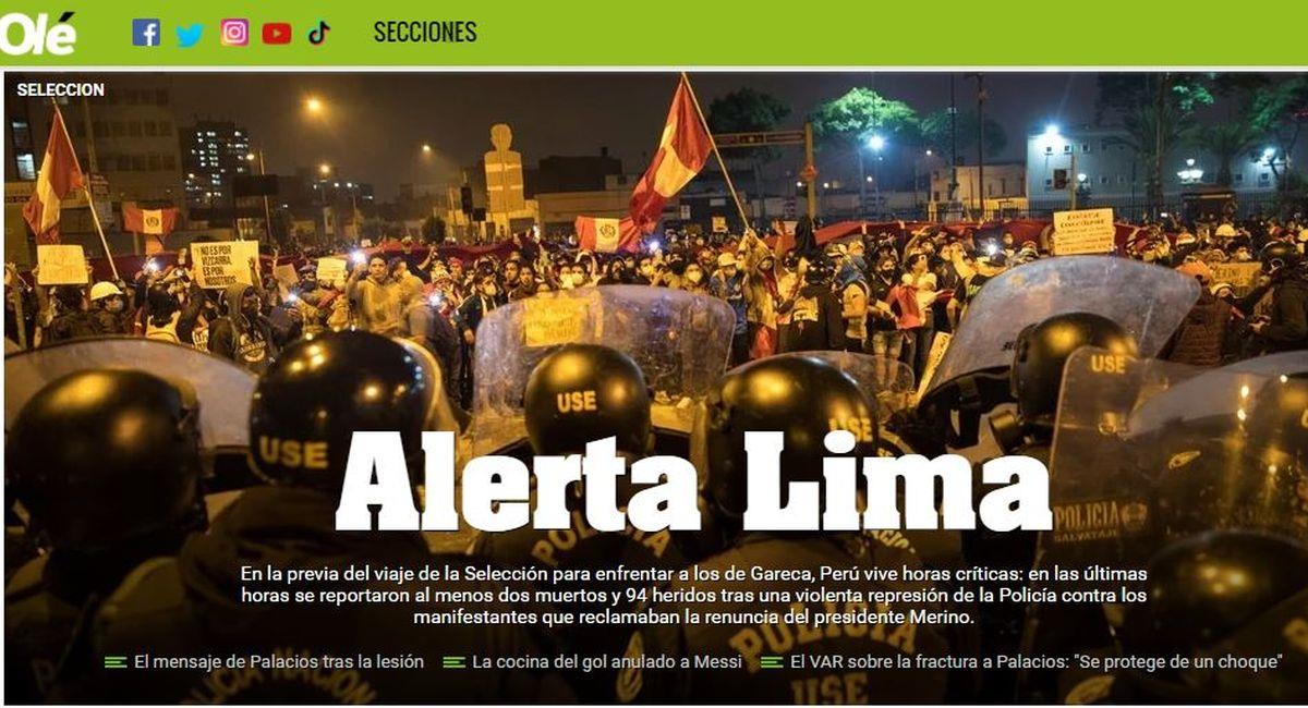El diario Olé no pasó por alto los hechos que se viven en Perú. Foto: Portada diario Olé