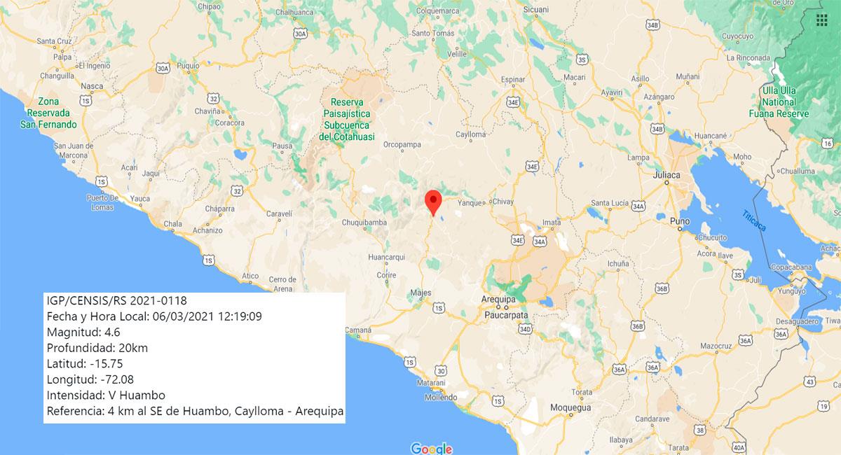 Temblor sacudió Arequipa este sábado 06 de marzo al mediodía. Foto: Google Maps