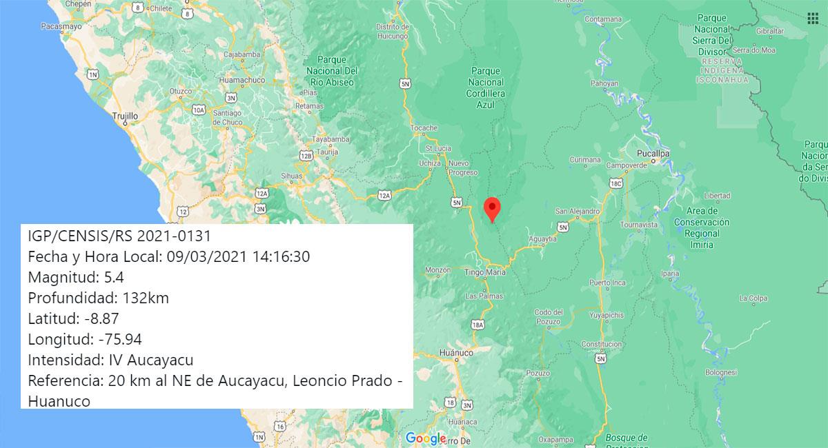 Temblor sacudió Aucayacu este martes por la tarde. Foto: Google Maps