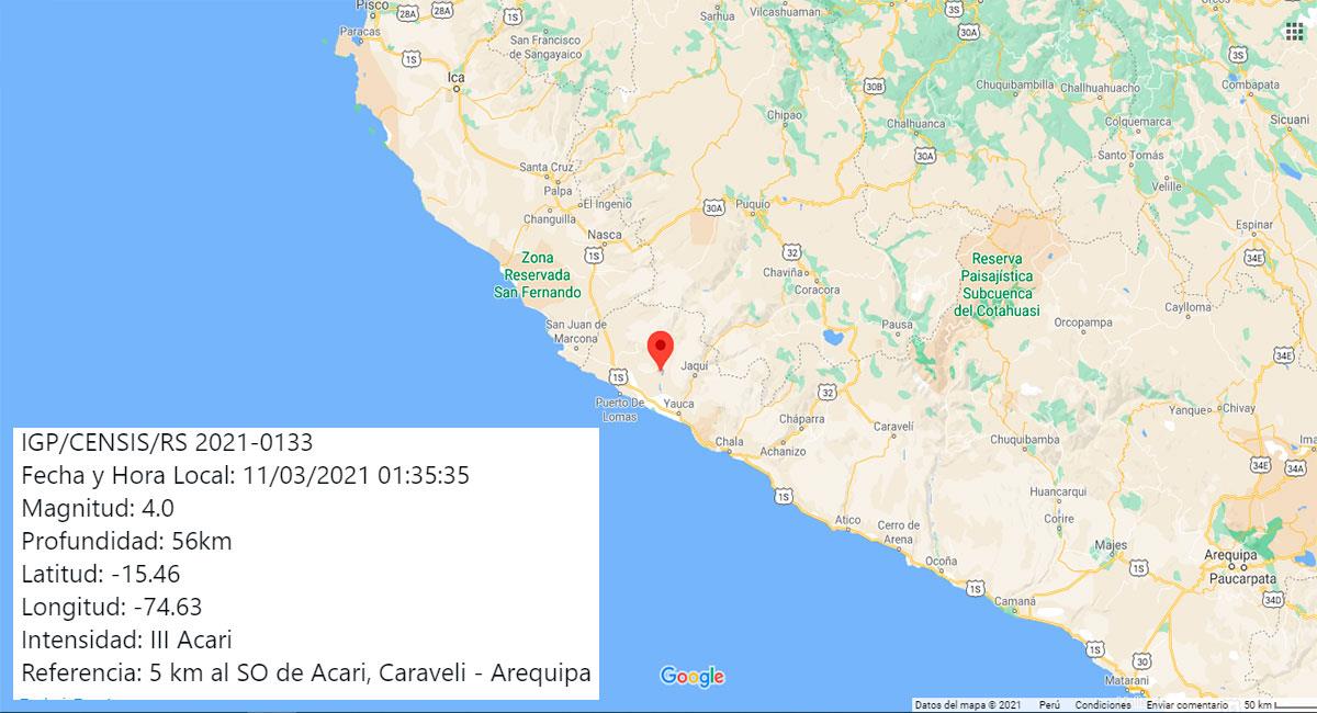 Temblor sacudió Acarí este jueves por la madrugada. Foto: Google Maps