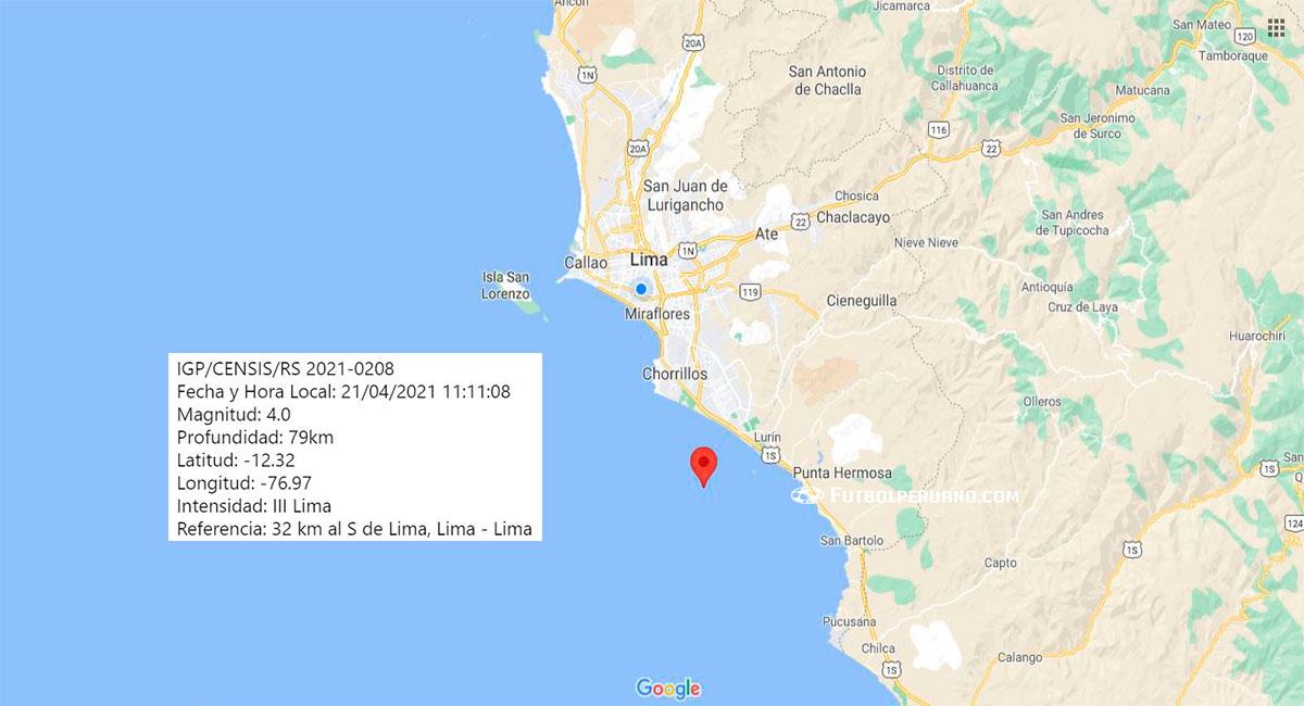 Nuevo temblor sacudió Lima este miércoles 21 de abril por la mañana. Foto: Google Maps