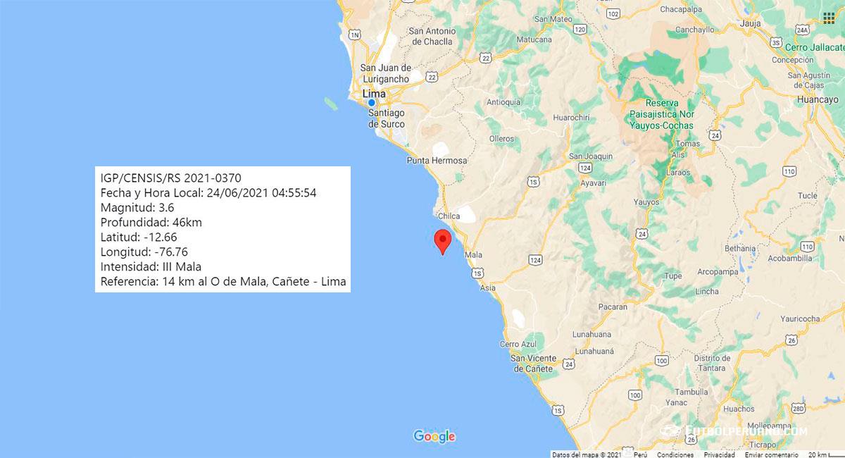 Quinto temblor en menos de 48 horas sacudió Lima la madrugada del jueves. Foto: Google Maps
