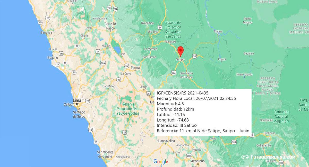 Temblor sacudió Satipo (Junín) este lunes 26 de julio. Foto: Google Maps