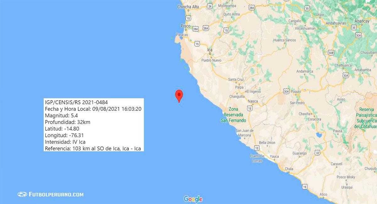 Fuerte temblor de 5.4 en Ica. Foto: Google Maps