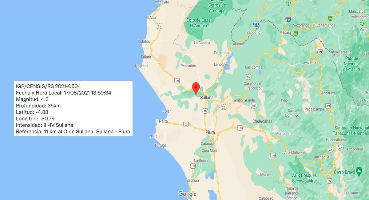 Temblor sacudió Sullana (Piura) este martes 17 de agosto. Foto: Google Maps