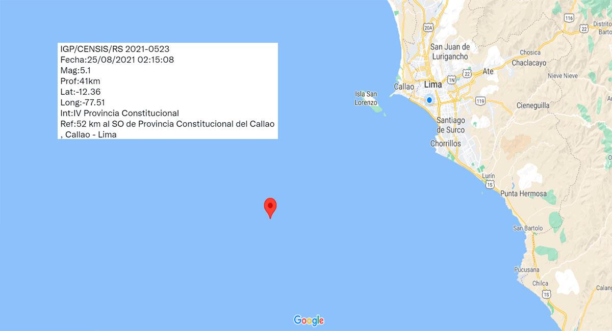 Temblor sacudió la Provincia Constitucional del Callao este miércoles por la madrugada. Foto: Google Maps