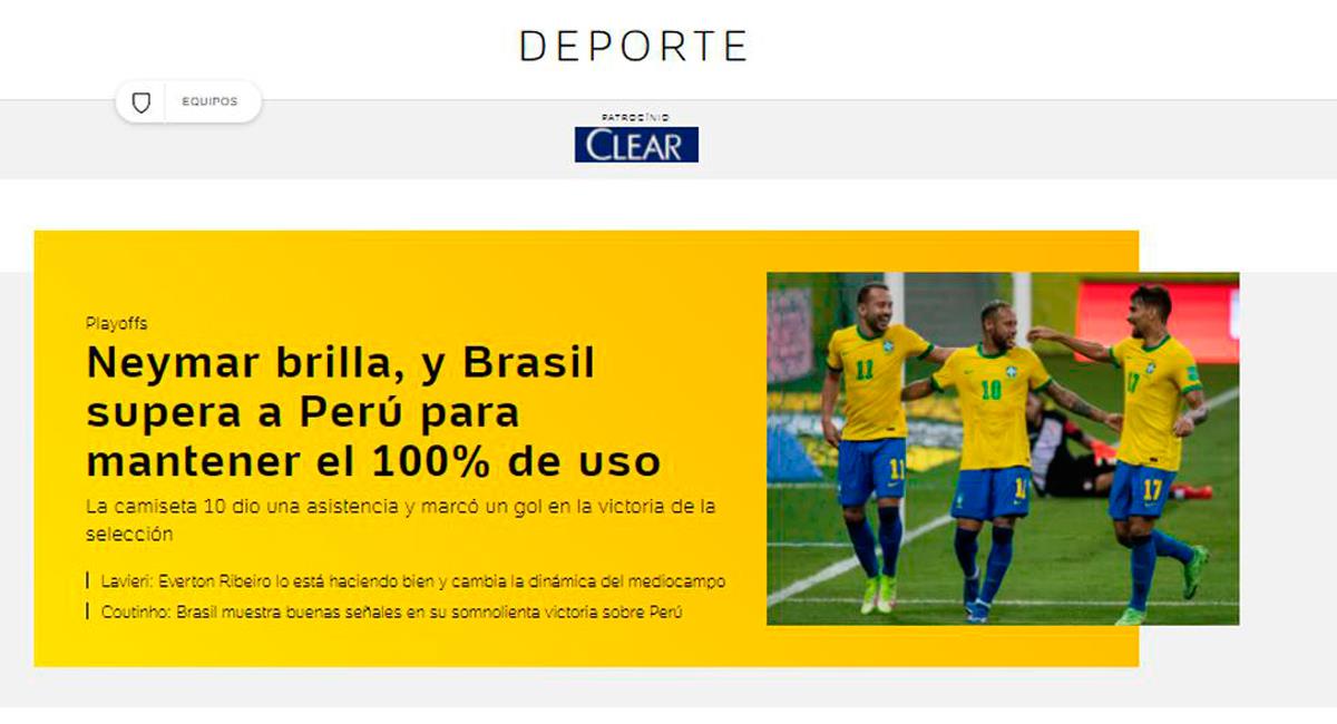 Prensa brasileña destacó triunfo ante Perú. Foto: Captura-  UOL