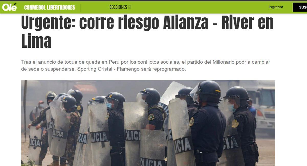 Diario Olé informando sobre el Alianza Lima vs River Plate. Foto: Captura