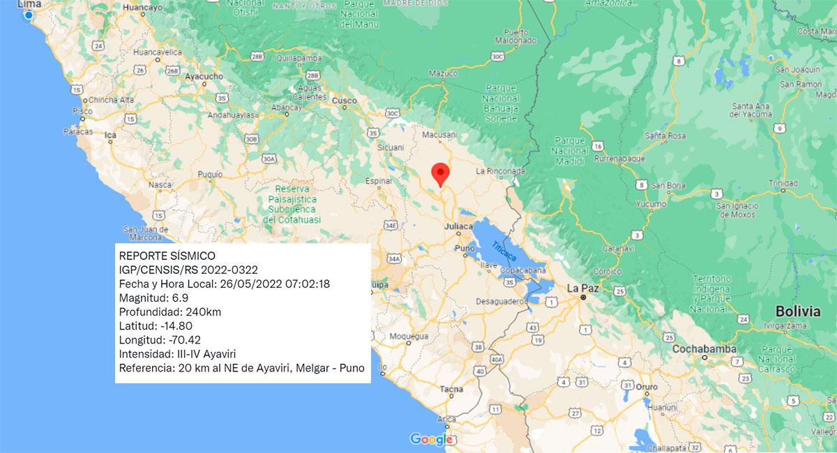 Fuerte temblor en el sur del Perú. Foto: Google Maps