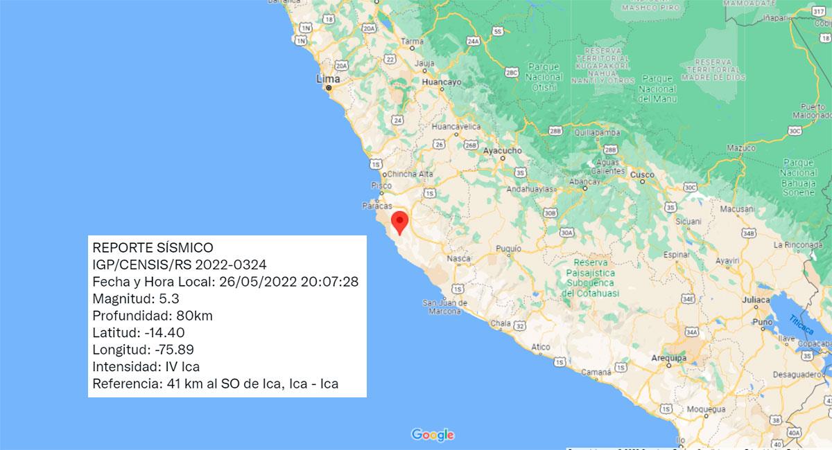 Temblor sacudió Ica este jueves 26 de mayo. Foto: Google Maps