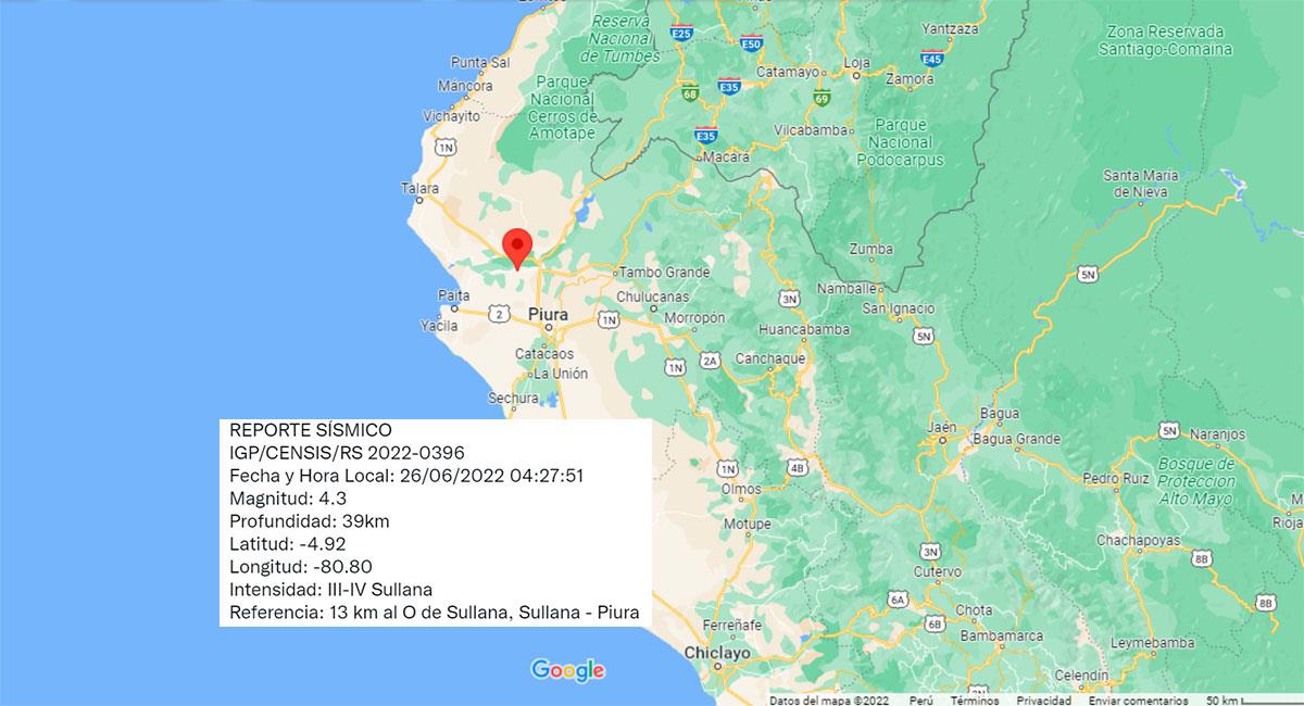Temblor sacudió Sullana (Piura) este domingo 26 de junio. Foto: Google Maps