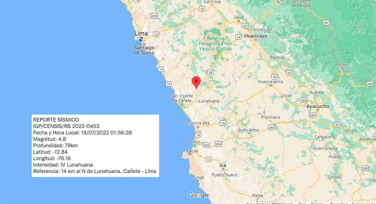 : Temblor de 4.8 de magnitud sacude Lima, con epicentro en Lunahuaná (Cañete). Foto: Google Maps