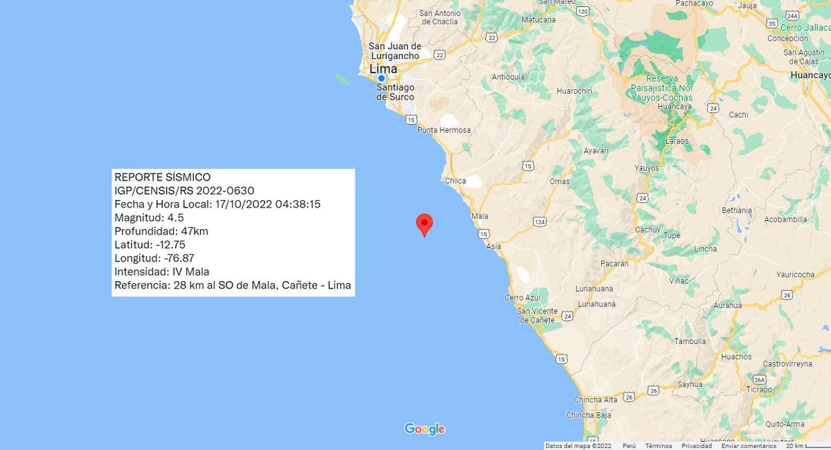 Temblor de 4.5 de magnitud sacude Lima, con epicentro en Mala (Cañete). Foto: Google Maps