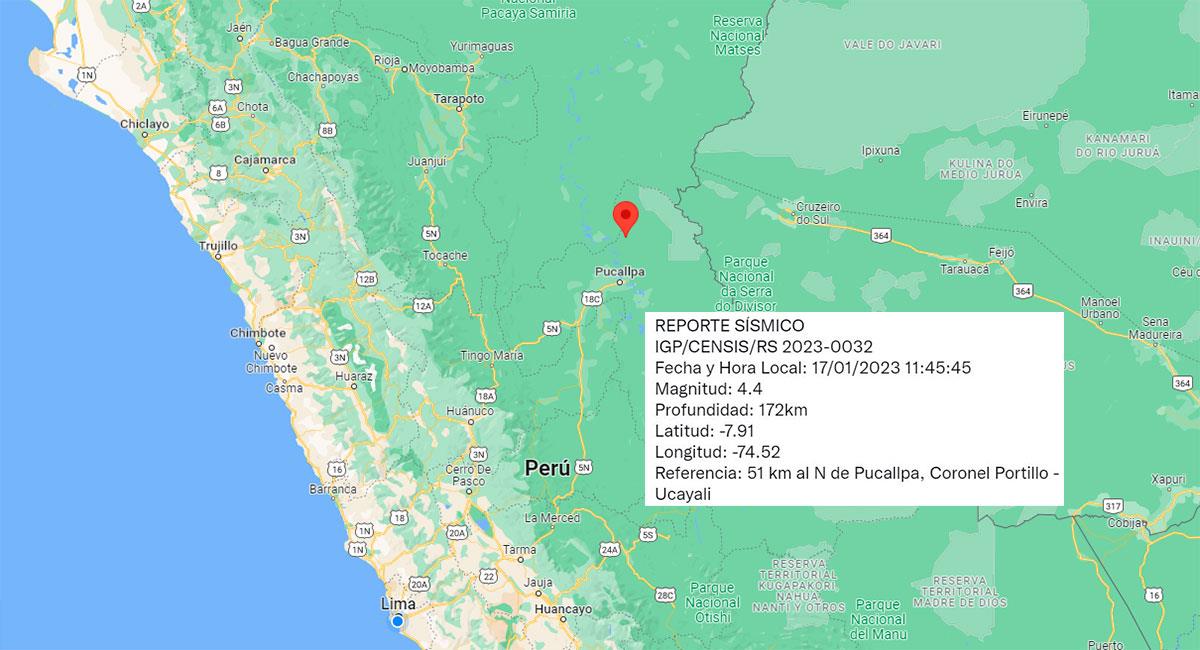 Temblor de 4.4 de magnitud sacude Ucayali, con epicentro en Pucallpa (Coronel Portillo). Foto: Google Maps