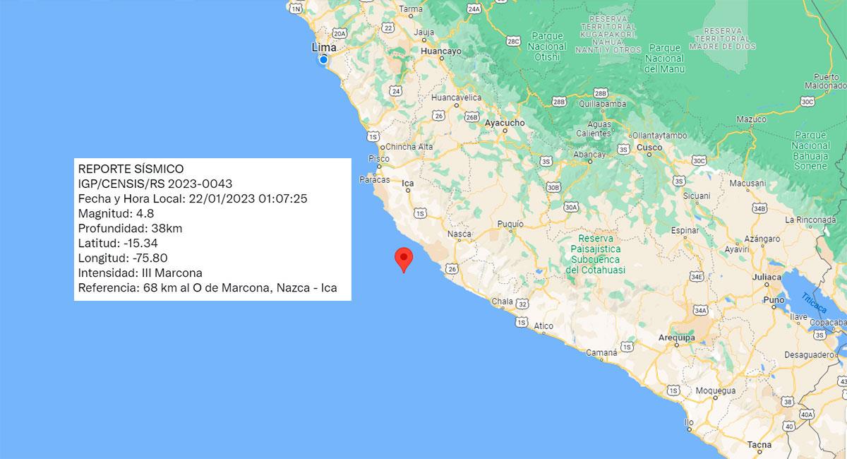 Temblor sacudió Marcona (Ica) este domingo 22 de enero. Foto: Google Maps
