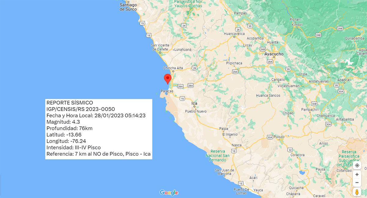 Temblor sacudió Pisco (Ica) este sábado 28 de enero. Foto: Google Maps