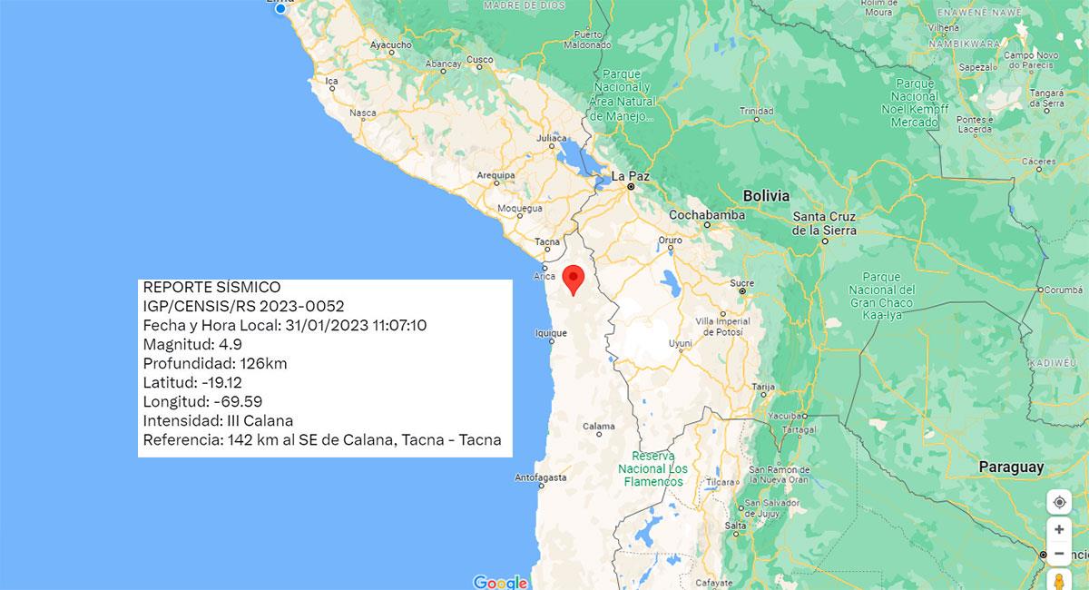 Temblor sacudió Tacna este martes 31 de enero. Foto: Google Maps