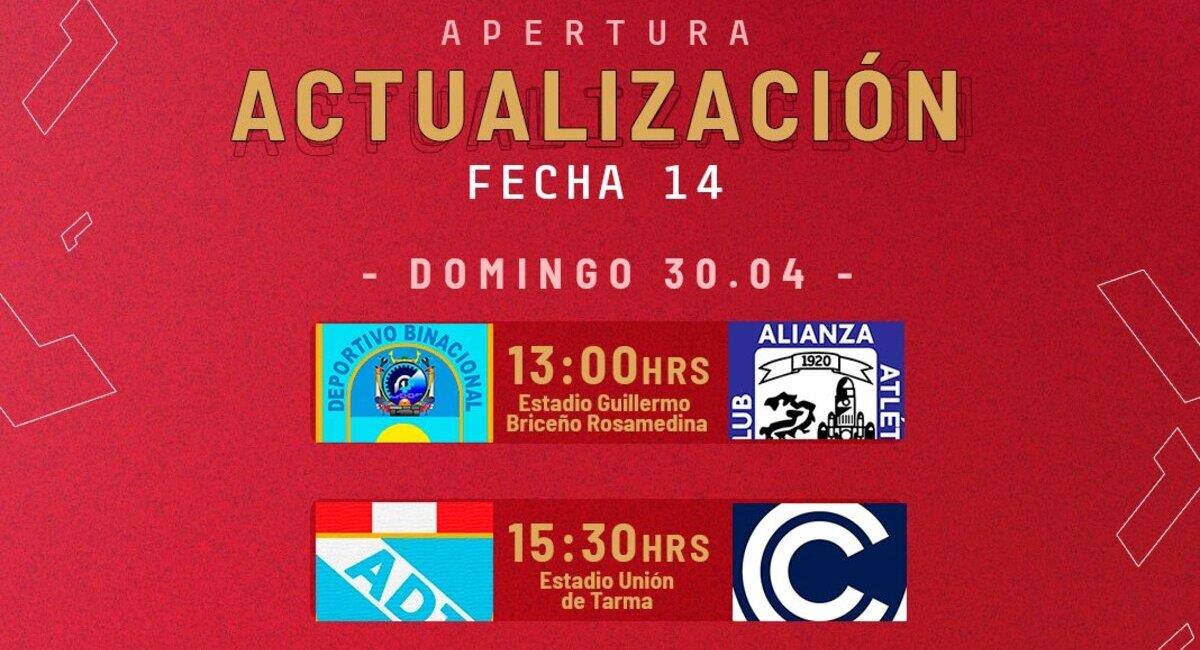 Los cambios en los horarios de los encuentros por la fecha 14 del Torneo Apertura. Foto: Twitter @LigaFutProf