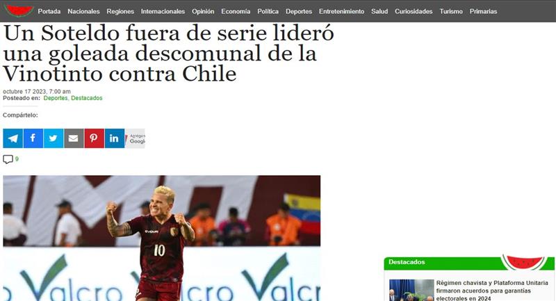 Prensa de Venezuela califica de 'monumental' el triunfo sobre Chile en las Eliminatorias 2026